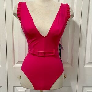 New Skinny Dipper Cinch Fuchsia Ruffled One Piece Swimsuit
